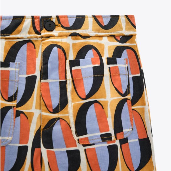 Zara Straight Cut Printed Pants Ocher S - Picture 5 of 8